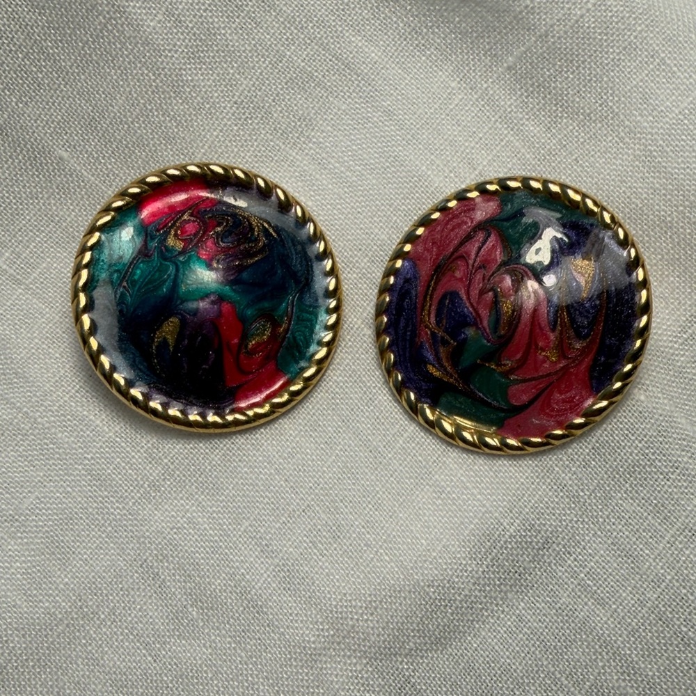 Vintage Gold-Trim Multicolor Swirl Round Earrings